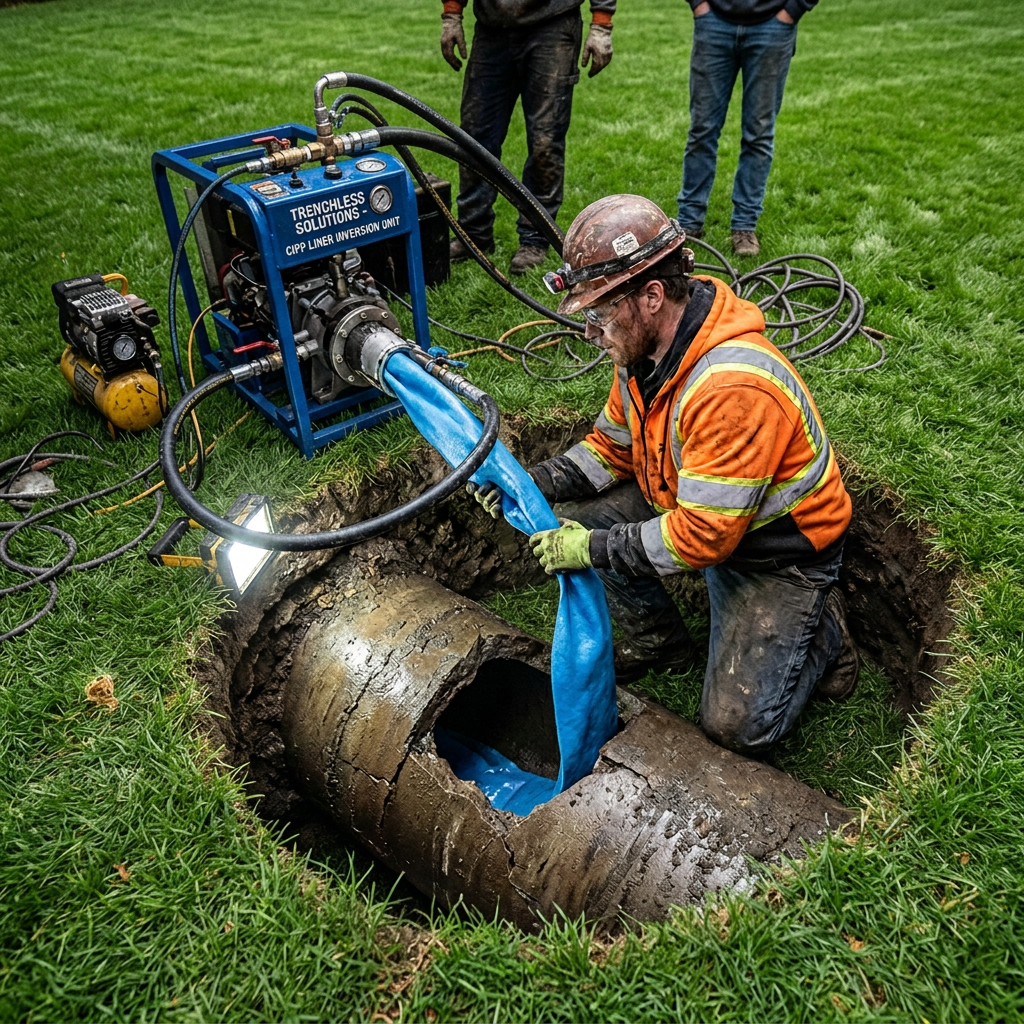 Worker installs a blue liner beside Trenchless Solutions pipe inversion equipment underground