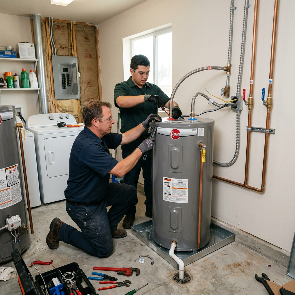 Two technicians installing a Rheem water heater in a utility room