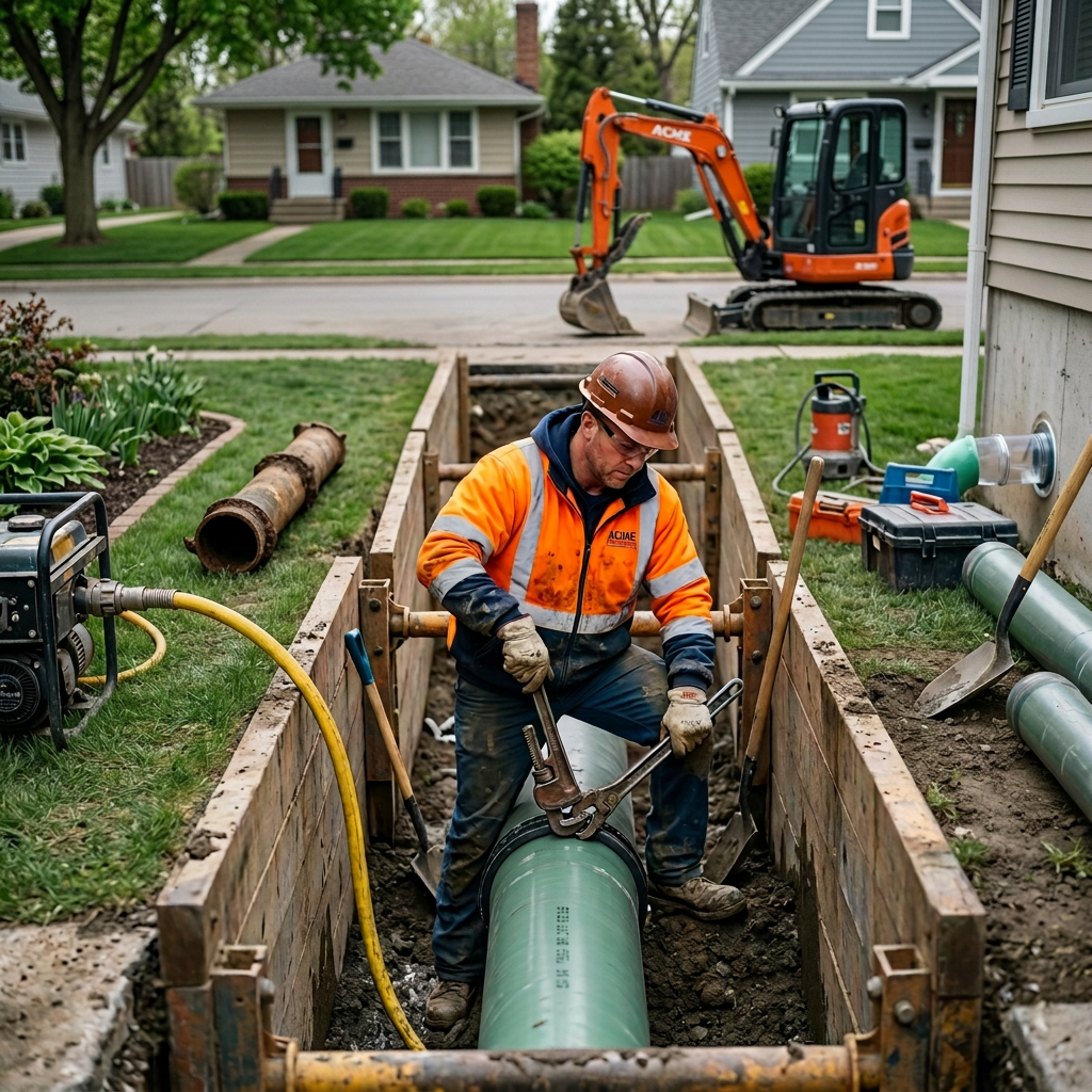 Plumber in safety gear installing a large pipe in a city street excavation