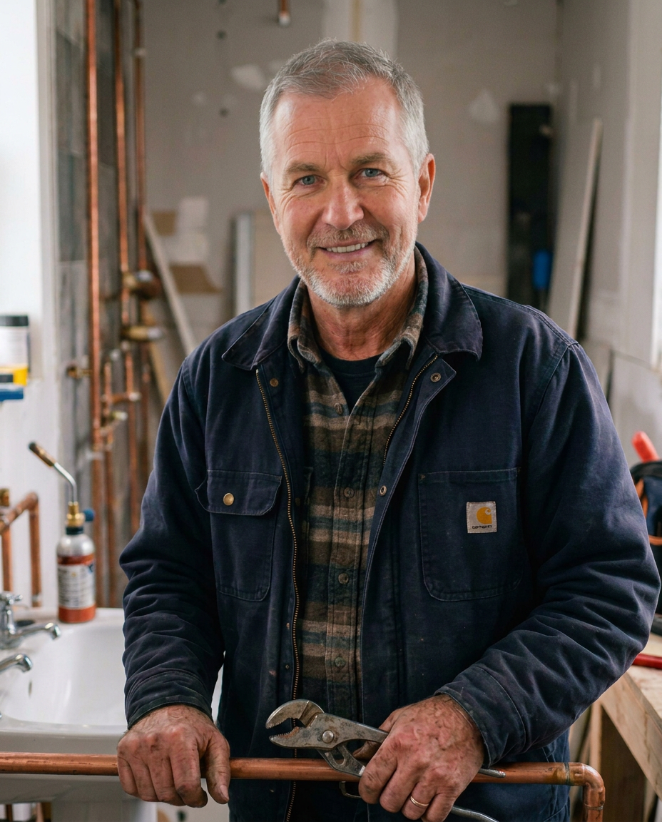 Experienced plumber at work in workshop Plumber named Arthur holding a copper pipe and wrench in a workshop